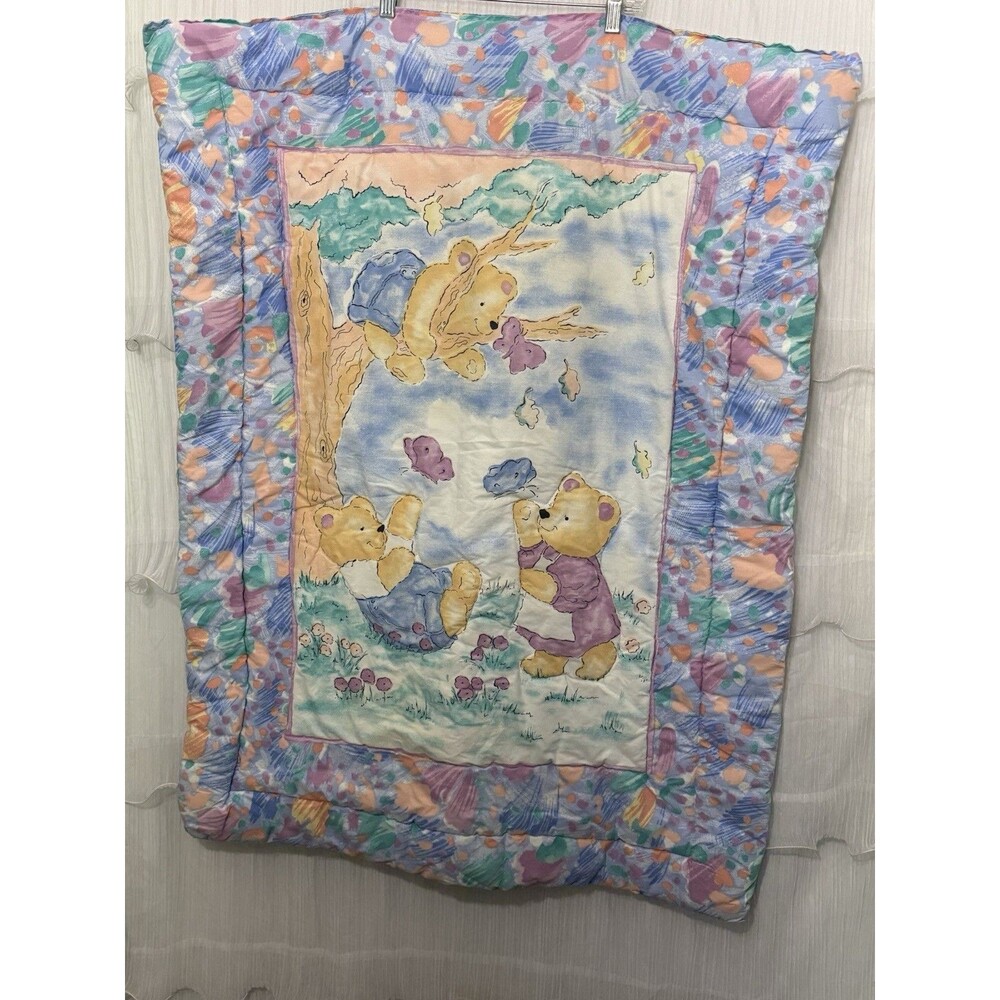 Vtg Bears & Butterflies Pastel Baby Crib Blanket Comforter Fisher Price 90’s USA